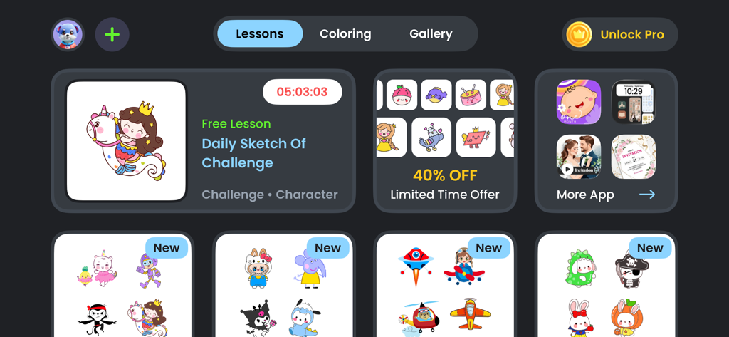 ArtWork: Simply Draw - Haupt-Dashboard der ArtWork Simply Draw App, das Zeichenlektionen und tägliche Skizzen-Herausforderungen zeigt