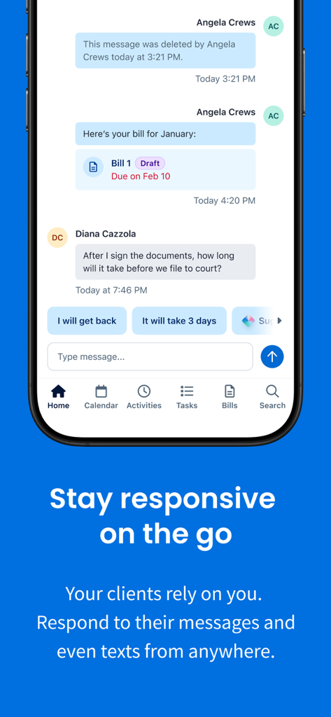 Clio for Law Firms and Lawyers - Interface do aplicativo Clio mostrando mensagens seguras para clientes e faturamento para advogados