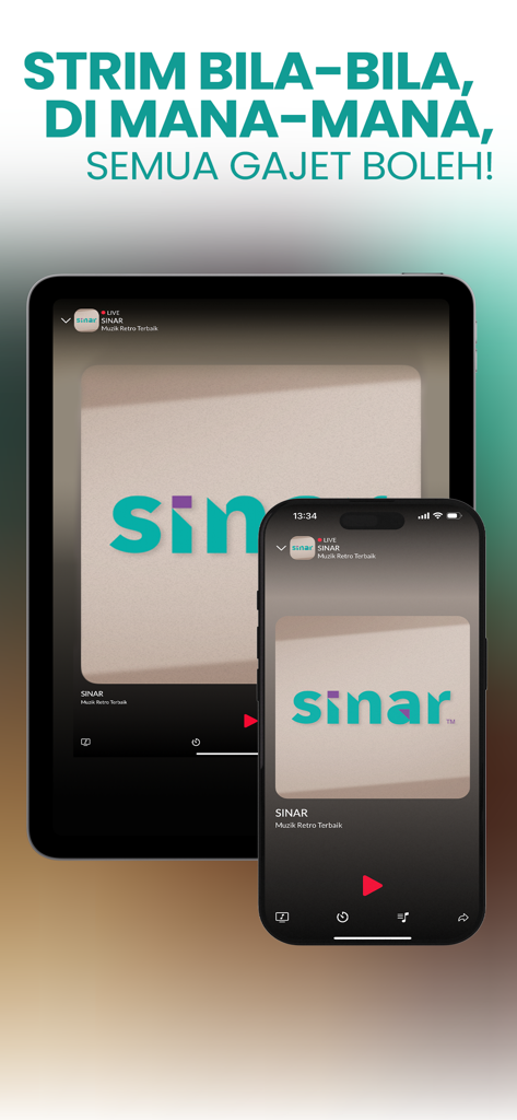 SINAR - Muzik Retro Terbaik - SINAR radio app interface displayed on a smartphone and tablet showing the live stream player