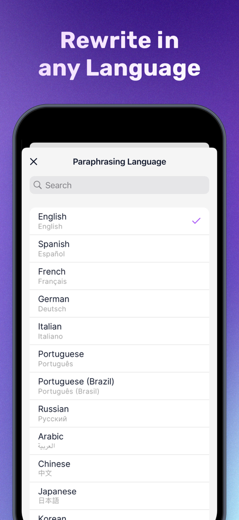 Paraphrase - Rewrite Tool - Pantalla de smartphone mostrando el menú de selección de reescritura multilingüe en la aplicación Parafrasear