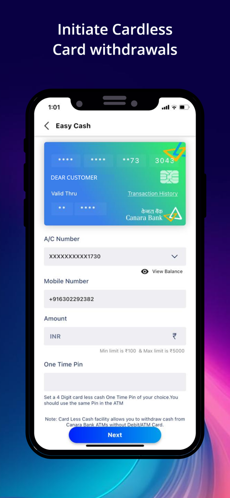 Pantalla de la aplicación móvil Canara ai1 para la función de retiro de efectivo sin tarjeta Easy Cash