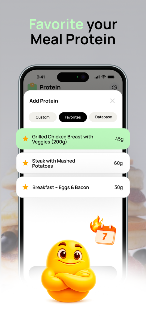 Mobile app interface showing a list of favorite meals with their protein content in grams