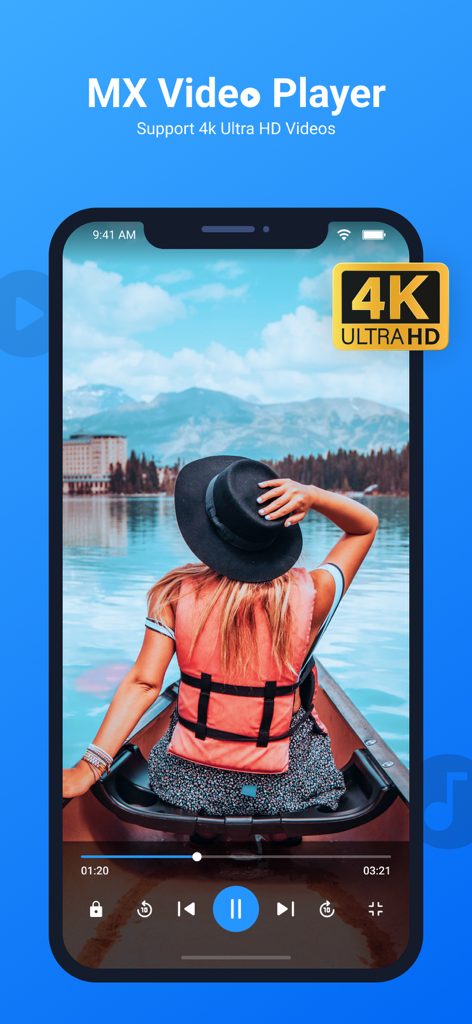 Interfaz de la aplicación MX Video Player mostrando reproducción de vídeo 4K Ultra HD en un dispositivo móvil