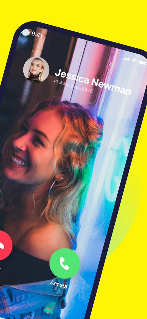 2Phone: Second Phone Number - Eingehende Anrufoberfläche in der 2Phone App, die einen Kontaktnamen und eine zweite Telefonnummer anzeigt