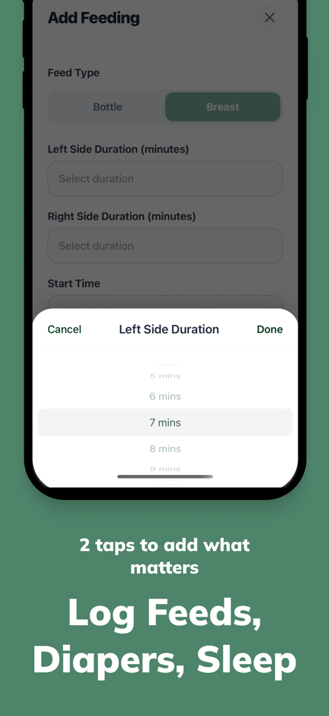 Buggy: Baby Tracker & Log - Screenshot of the Buggy baby tracker app showing the Add Feeding screen with a duration picker for breastfeeding sessions