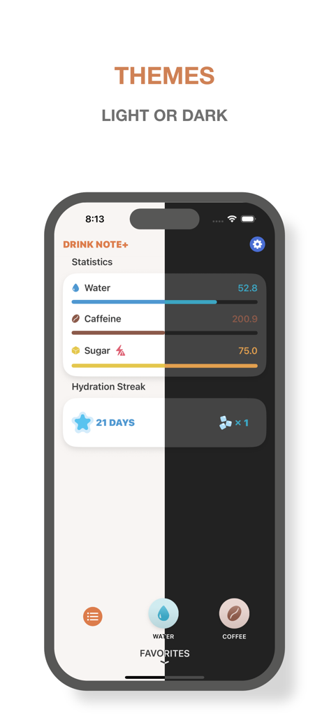 Drink Note – Water Tracker - Drink Note 앱 인터페이스를 밝은 모드와 어두운 모드로 보여주는 스마트폰 화면.