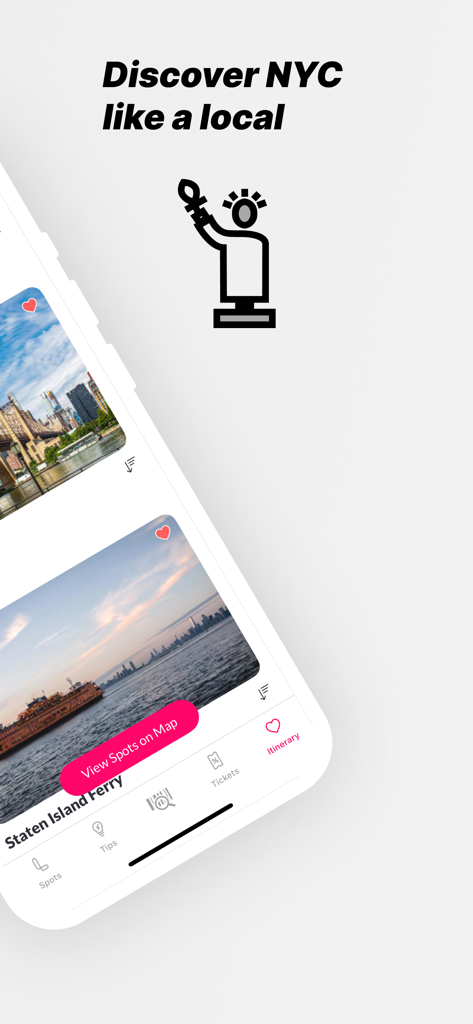 La aplicación móvil Loving New York mostrando lugares locales y funciones de planificación de viajes para la ciudad de Nueva York