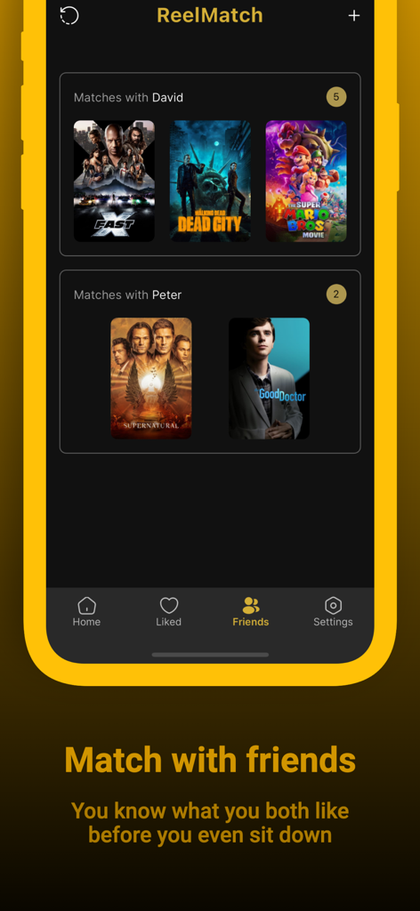 ReelMatch Movie & TV Discovery - Interface de l'application ReelMatch montrant les correspondances de films et de séries avec des amis