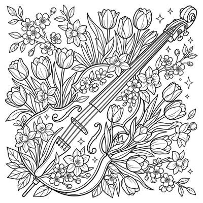 Celebrate the harmony of music and nature with this enchanting bass guitar coloring page, beautifully entwined with blooming spring flowers. Perfect for those who love both melodies and the renewal of the season.