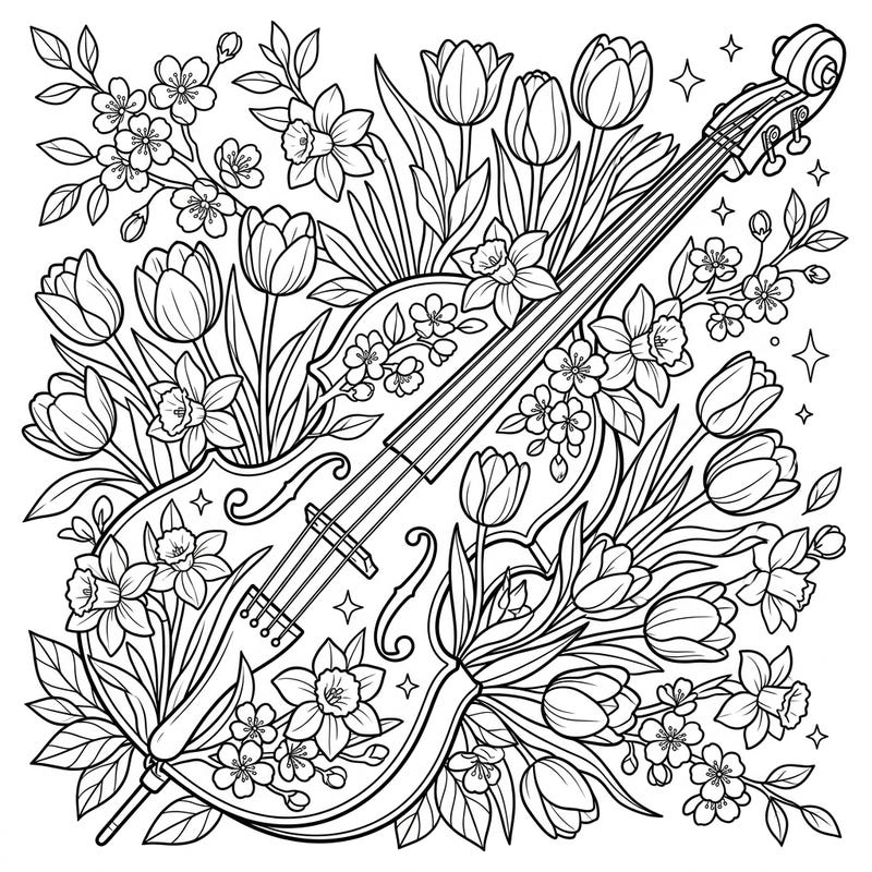Celebrate the harmony of music and nature with this enchanting bass guitar coloring page, beautifully entwined with blooming spring flowers. Perfect for those who love both melodies and the renewal of the season.