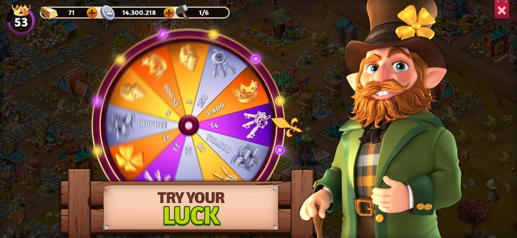 Fantasy Island: Sim Adventure - Ein Glücksrad-Minispiel in Fantasy Island Sim Adventure mit einer Gnom-Figur.