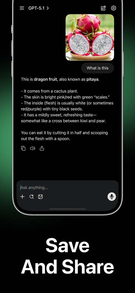 Gigachat: Chatbot AI Assistant - Gigachat AI chatbot identifying a dragon fruit from a photo with save and share options