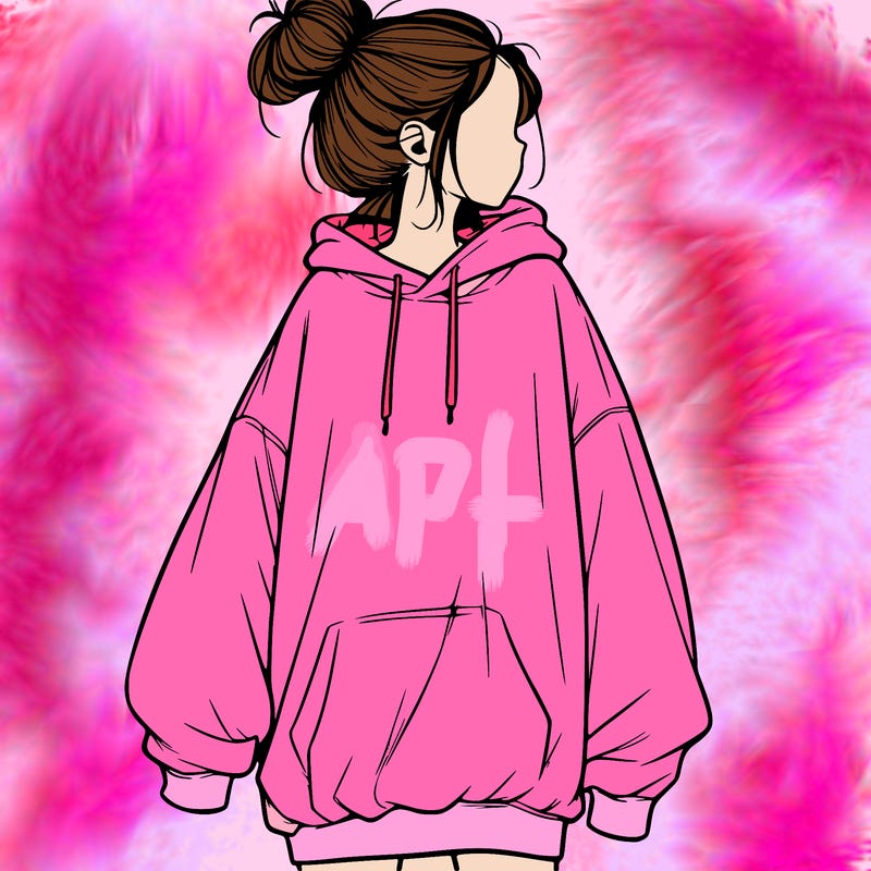 realistic girl with a oversized sweatshirt on and a bun