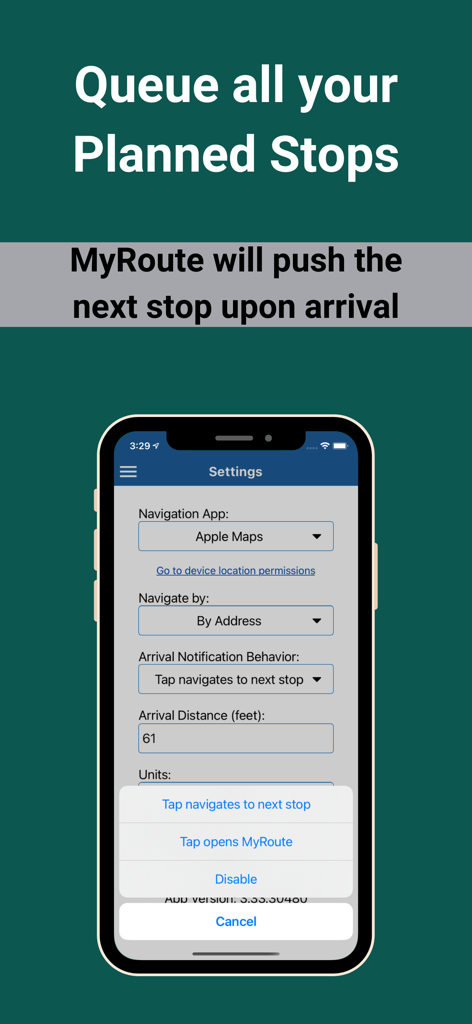 Écran des paramètres de l'application MyRoute montrant les options de navigation et le comportement de notification d'arrivée à une étape