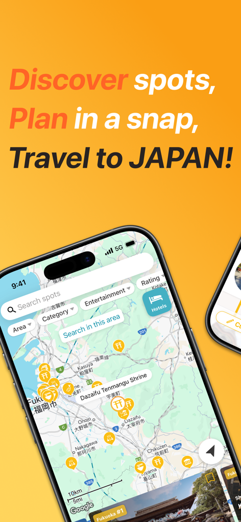 Plaru Japan – Travel with AI - Plaru Japanアプリのマップインターフェース。観光スポットと旅行検索フィルターが表示されています。