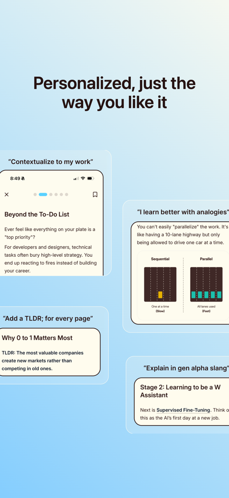 A screenshot showing personalized learning options in the Wondering app including analogies, work contextualization, TLDR summaries, and Gen Alpha slang explanations.