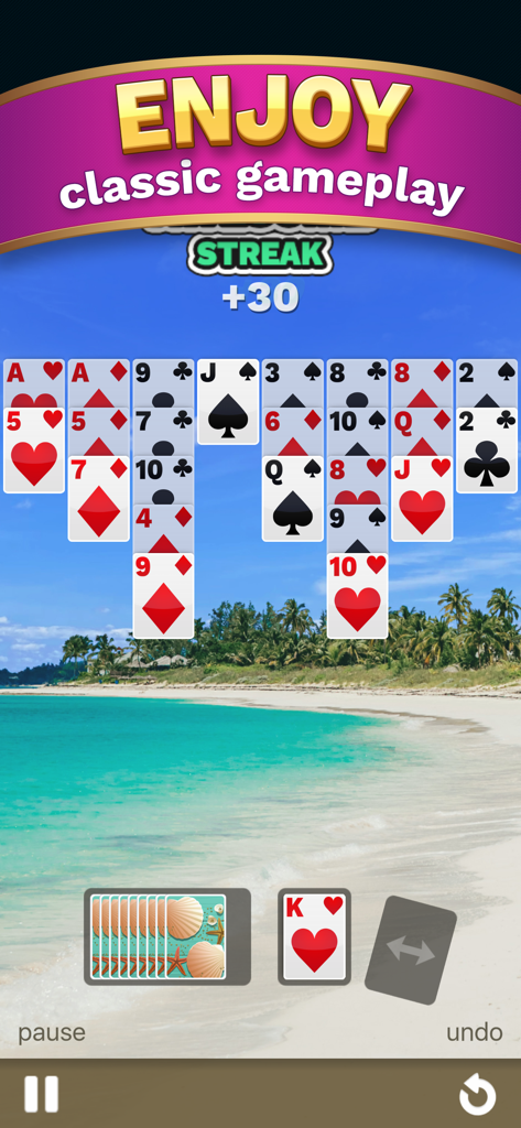 Golf Solitaire Cube - Golf Solitaire Cube mobile game screen showing classic card gameplay with a tropical beach background and streak scoring.
