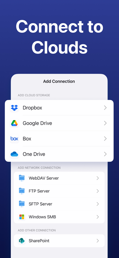 Documents app interface for connecting to cloud storage and network servers.