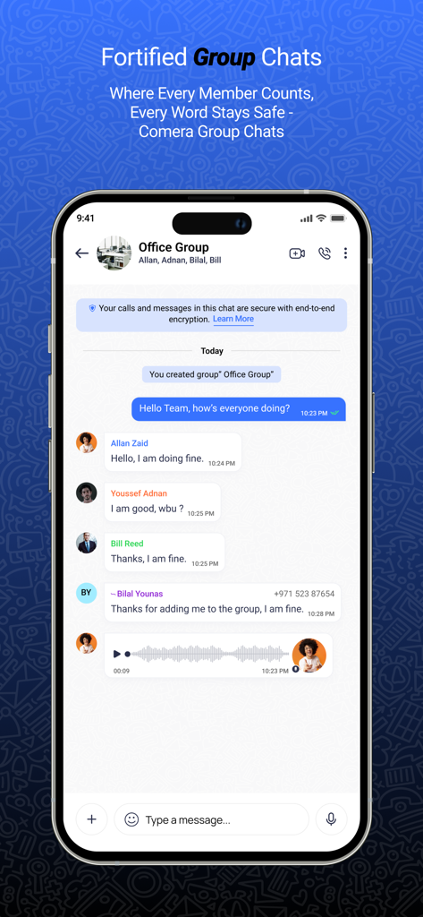 Comera - A smartphone displaying a secure group chat interface on the Comera messaging app with end-to-end encryption notification