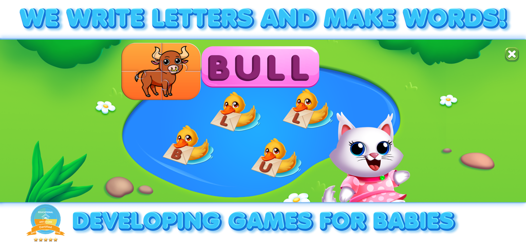Educational word building game for toddlers featuring ducks carrying letters and animal puzzles.