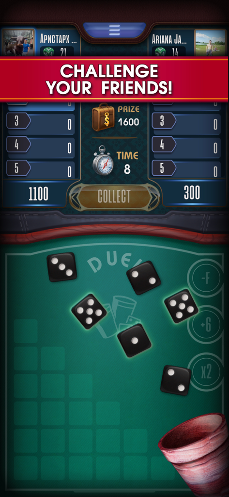 Multiplayer duel mode in Farkle online dice game showing dice on a green table and player scores.