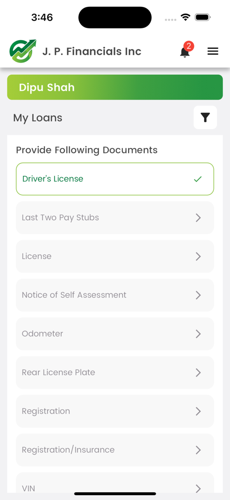 Lending-Hub - A mobile interface for Lending-Hub showing a list of required documents for a loan application including drivers license and pay stubs.