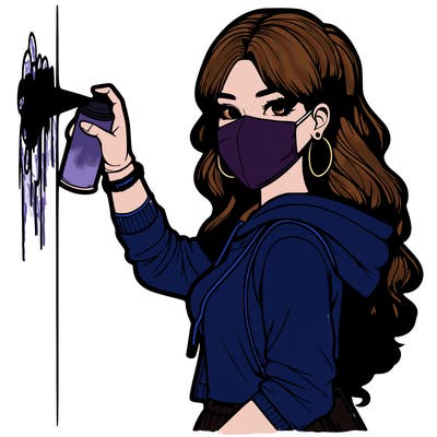 realistic girl with mask spray painting a wall