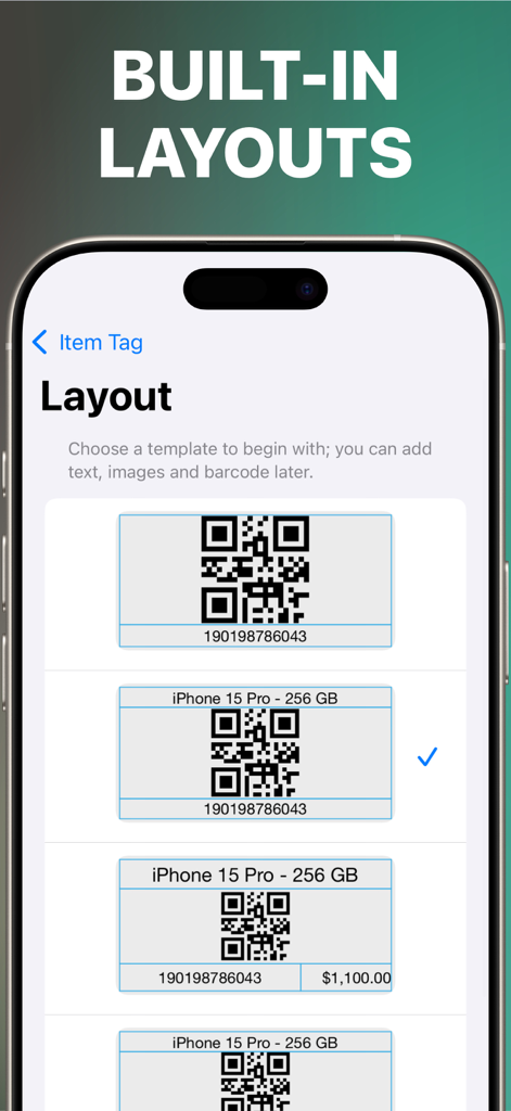 Label Maker - Print Master Pro - Oberfläche der mobilen App, die professionelle Etikettenlayout-Vorlagen für Produkt- und QR-Code-Produkte für Unternehmen anzeigt