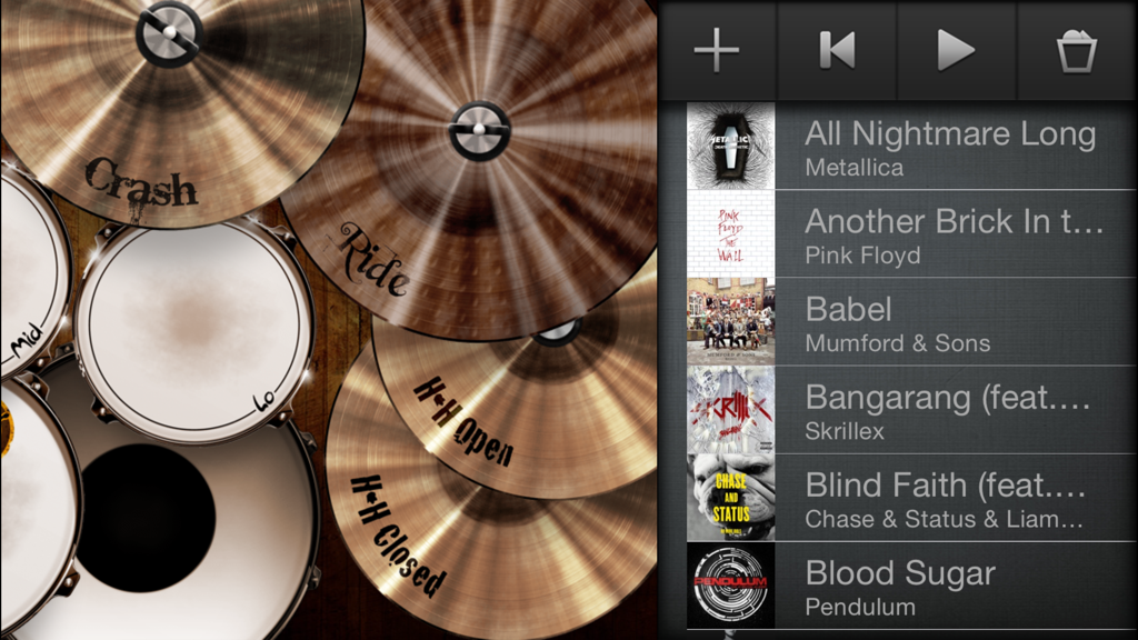 Drums! - A studio quality drum kit in your pocket - Interface of the Drums app showing a virtual drum kit and a side menu with a music library to play along with songs.