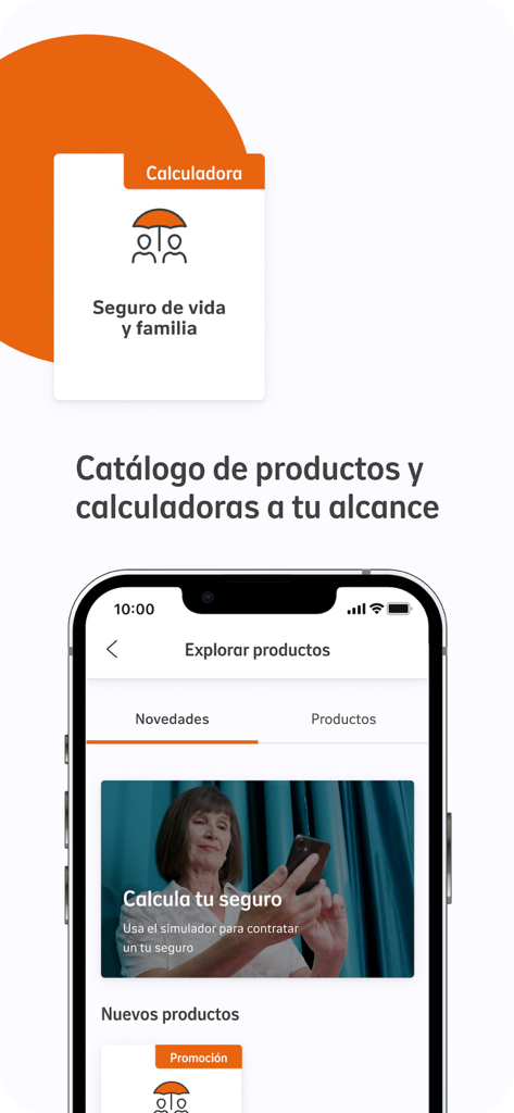 Interfaz de la aplicación móvil de Nationale-Nederlanden que muestra el catálogo de productos de seguros y la herramienta calculadora