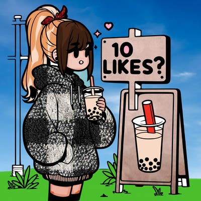 girl with oversized hoodie drinking boba and she has a high ponytail with a sign that says 10likes?