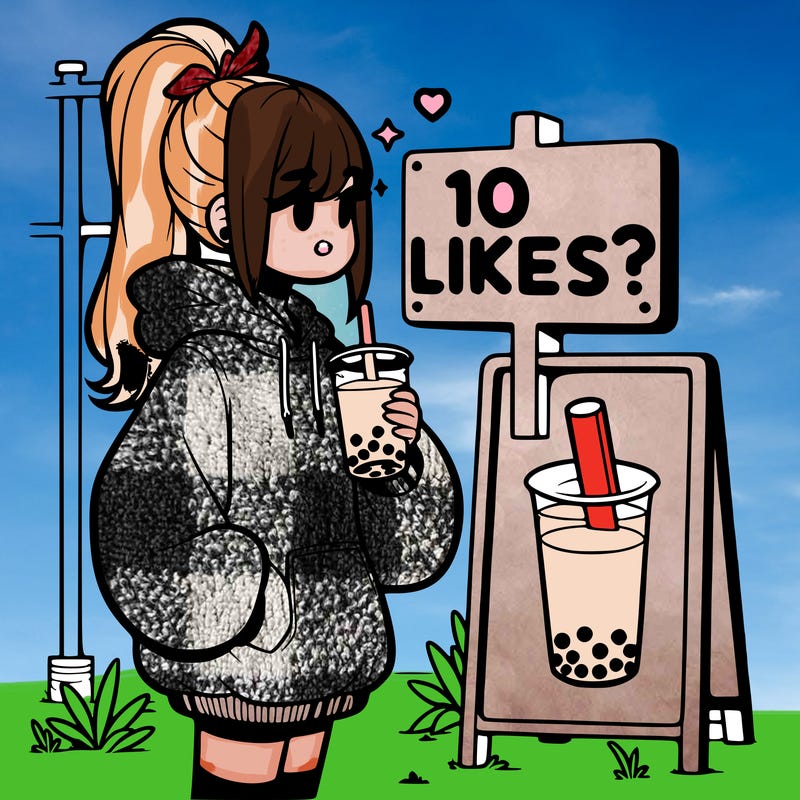 girl with oversized hoodie drinking boba and she has a high ponytail with a sign that says 10likes?