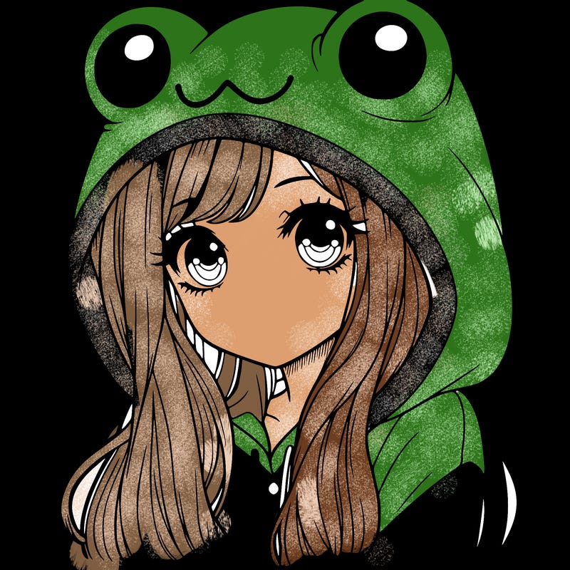 a pretty girl wearing a frog hoodie portrait with long hair