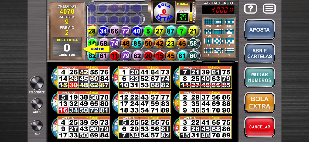 Megaball Video Bingo - 9つのビンゴカードと抽選された数字が表示されたメガターボモードのメガボール ビデオビンゴのゲームプレイ画面