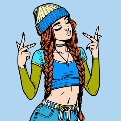 realistic teenage girl with braids and a beanie and crop top doing 🫶🏼