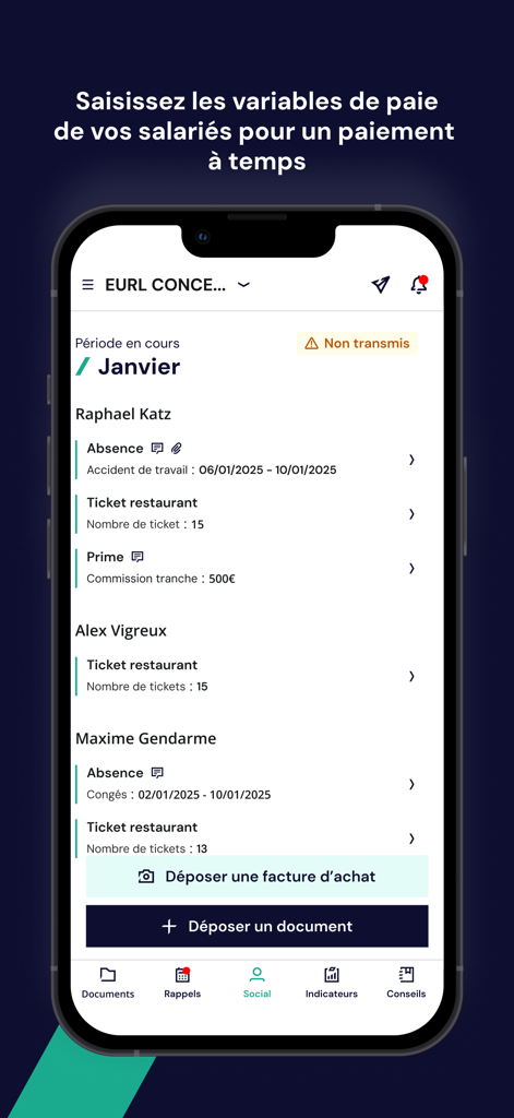 Smartphone screen displaying employee payroll variables and management in the RYDGE Conseil app.