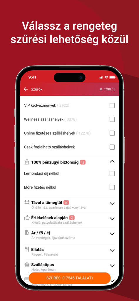 Szallas.hu - Mobile app screen showing search filters for wellness hotels free cancellation and accommodation types on Szallas.hu