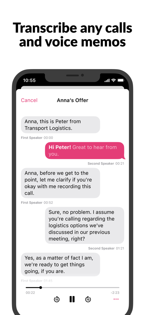 Interface of the Cube ACR app displaying a text transcription of a recorded phone call between two speakers