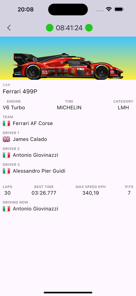 Statistiche di gara dettagliate e livrea per l'auto Ferrari 499P nell'applicazione mobile 24 Ore di Le Mans