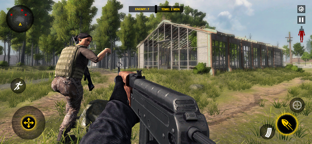 First person view of an assault rifle in a 3D tactical shooting game mission