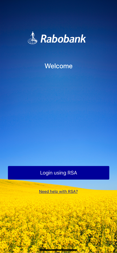 Rabobank AU - Welcome screen of Rabobank AU app with a login button and a background image of a yellow flower field under a blue sky