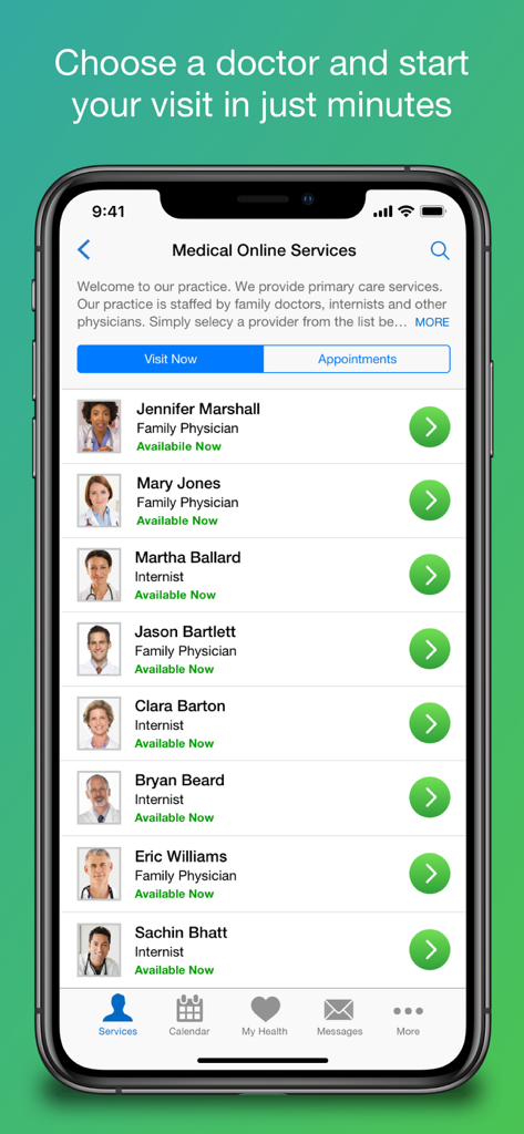 Amwell: Doctor Visits 24/7 - Screenshot of the Amwell app showing a list of available doctors for virtual medical visits