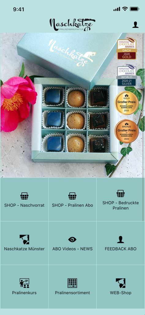 Handgefertigte Schokoladen-Geschenkbox und Menüoberfläche der Naschkatze Münster App