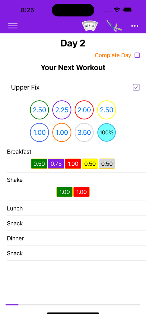 Interfaz de la aplicación 21 Day Slimple para rastrear ejercicios diarios y porciones de recipientes nutricionales codificados por colores.