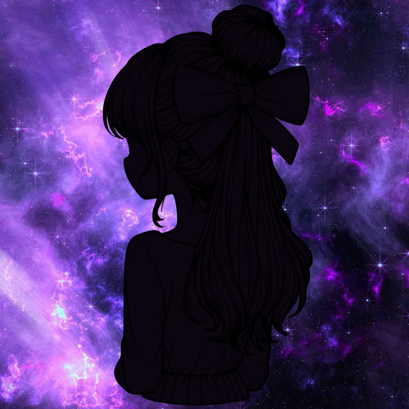 realistic girl  with hip length hair a bun and a big bow on the back of head