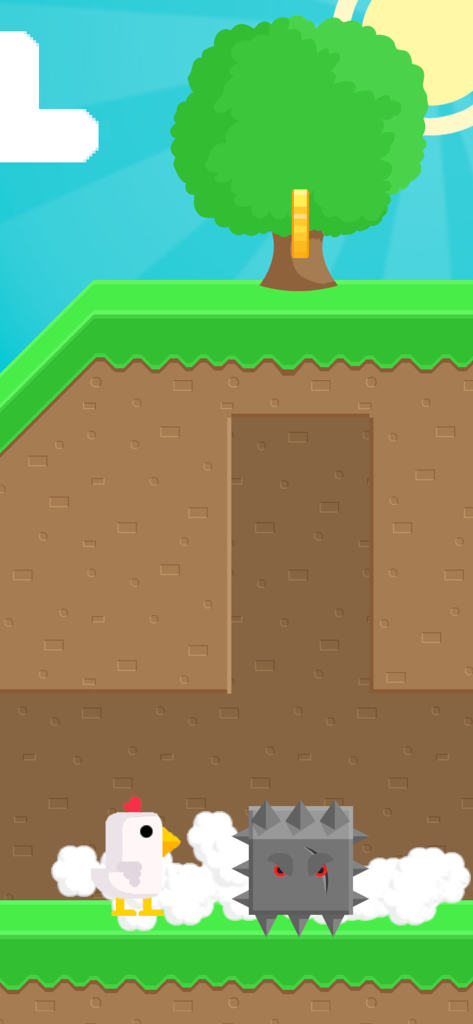 White chicken character facing a spiked square obstacle in the Scream Chicken Run mobile game.