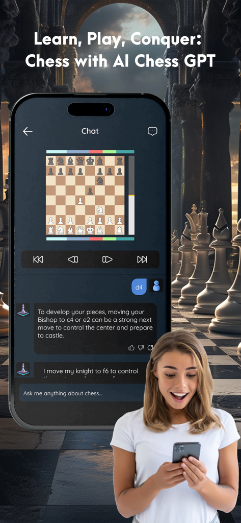 AI Chess GPT - A woman using the AI Chess GPT app for interactive chess coaching and game analysis