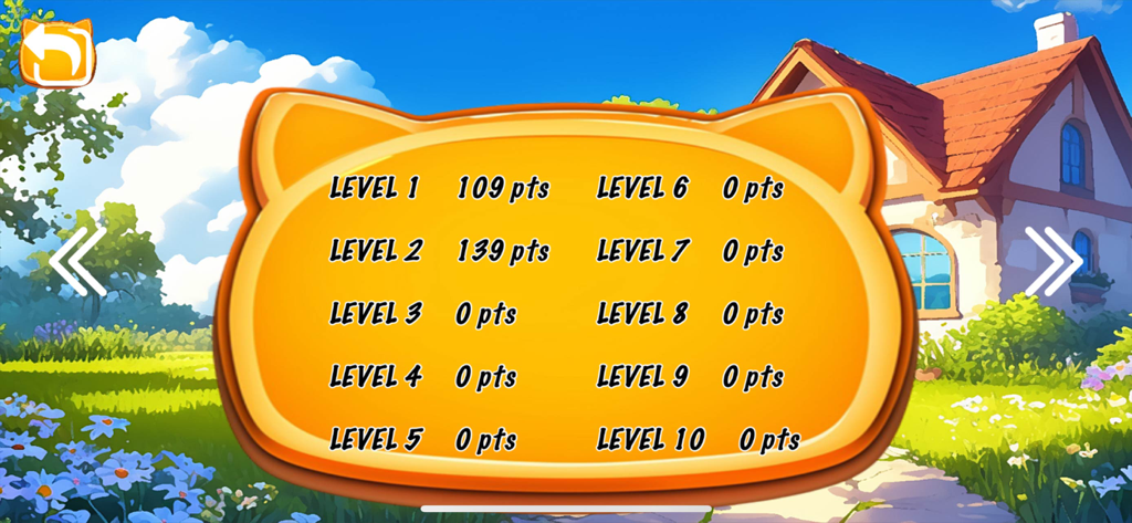 Spirit Pet Paradise - A cat-shaped level selection menu in Spirit Pet Paradise showing scores and points for levels one through ten.