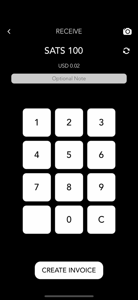 Satoshi Bitcoin Lightning - Satoshi Bitcoin Lightning app receive screen showing numeric keypad and amount in SATS