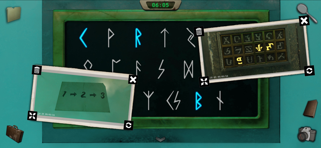 Uma tela de quebra-cabeça no jogo Recursão apresentando símbolos rúnicos e fotos de pista sobrepostas da câmera do jogo.